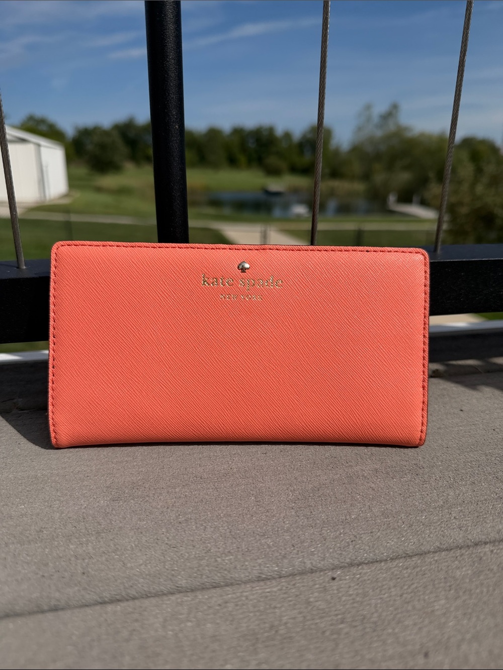 kate spade Coral Saffiano Zip Wallet with Gold Logo